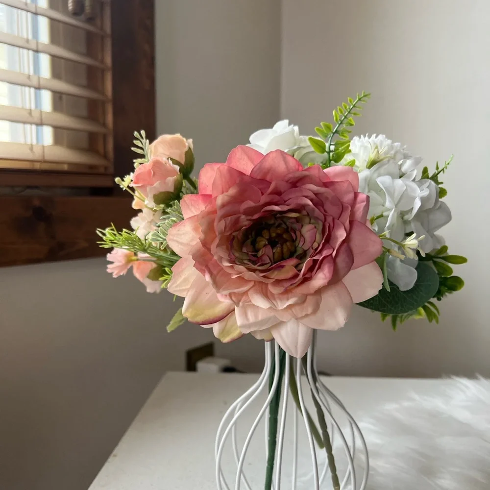 White metal vase Elegant Pink and White Floral Arrangement
